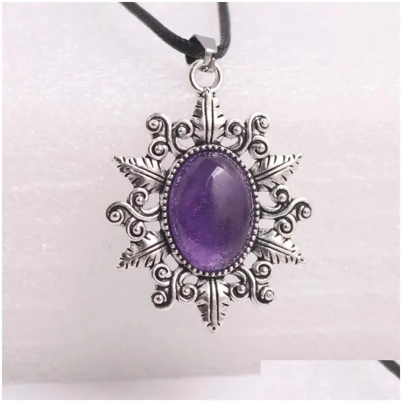 Chains 1PCS Gothic Alloy Oval Natural Stone Amethyst Black Obsidian Charm Pendant Necklace Choker For Women Halloween Jewelry