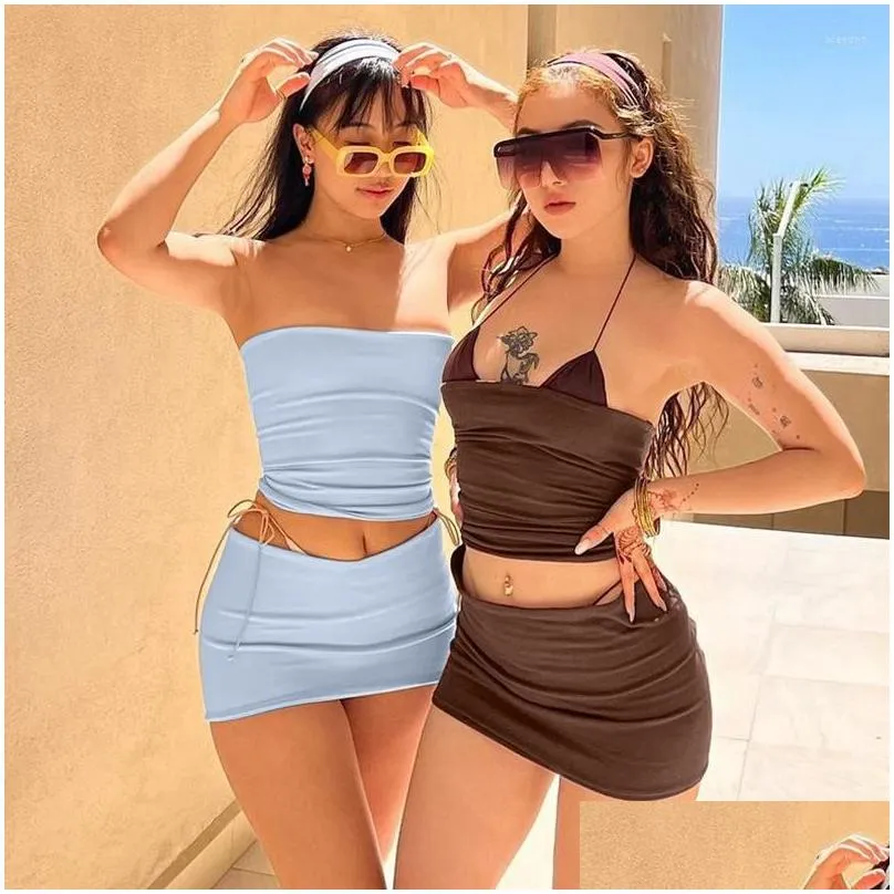 Women`S Tanks & Camis Womens Siyu Y Strapless Crop Top Short Skirt Suits 2 Piece Set Outfits For Women Summer Fashion Co-Ord Sets Matc Dhsu3