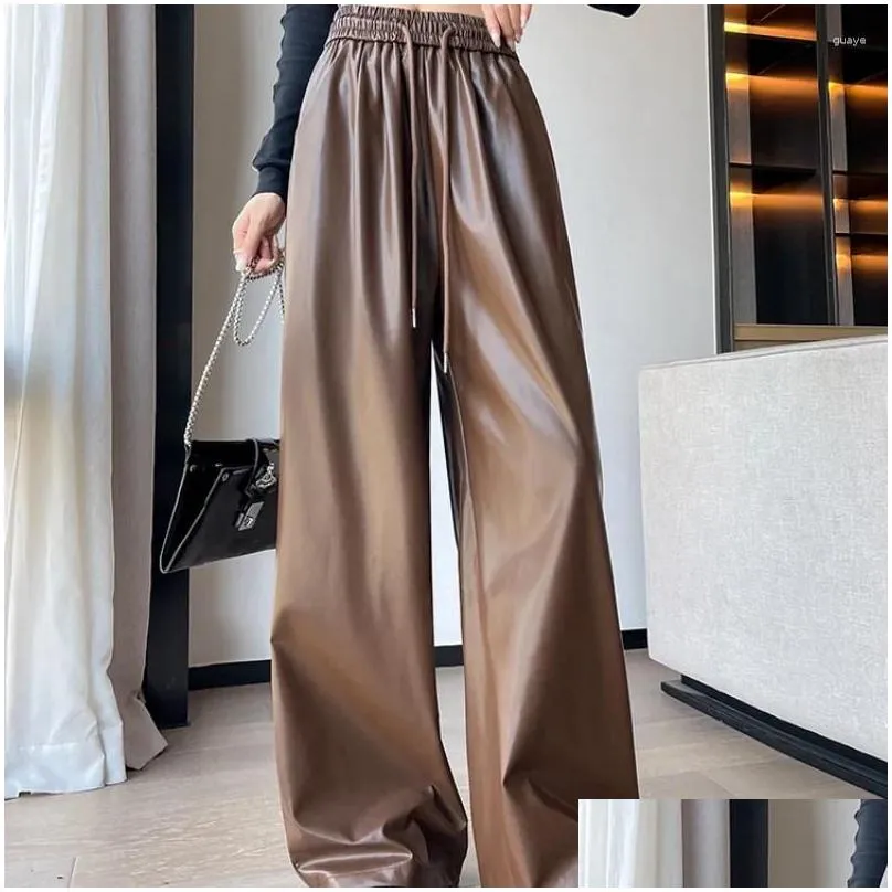 Women`s Pants Streetwear Fashion Oversized Women PU Spring Autumn All-match Vintage Solid Casual High Waist Pocket Wide Leg Trousers