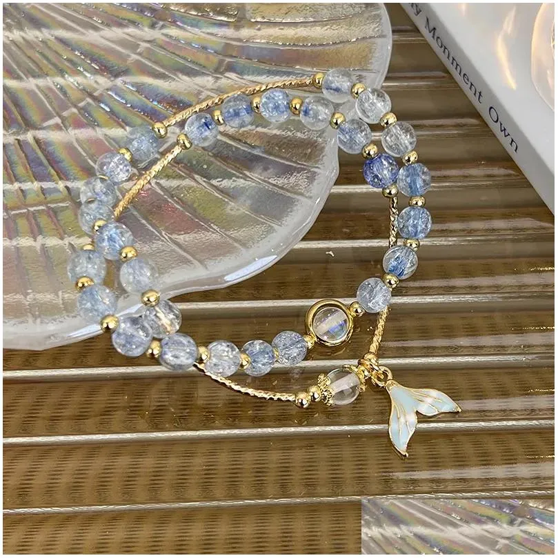 Strand Korean Fashion Crystal Beads Fishtail Pendant Double Beaded Bracelet  Sweet Temperament Unique Accessories For Women Gift