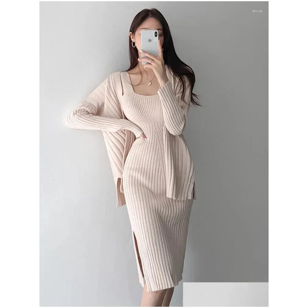 Work Dresses Women Knitted Cardigan And Dress Suits Long Sleeve Knit Coat Strap 2 Piece Female Autumn Sweater Set