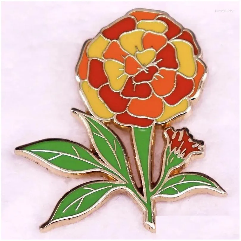 Pins, Brooches Yellow And Orange African Marigolds Hard Enamel Pin Plant Flower Lover Badge Tagetes Erecta Brooch Pins Natural Jewelr Dhx9T