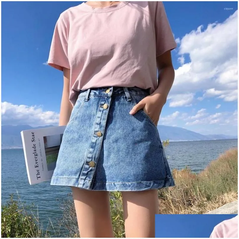 Skirts Streetwear Denim Short Spring Summer 2023 Single Buttons Pockets A Line Skirt Women High Waist Jean Drop Delivery Dhxhh