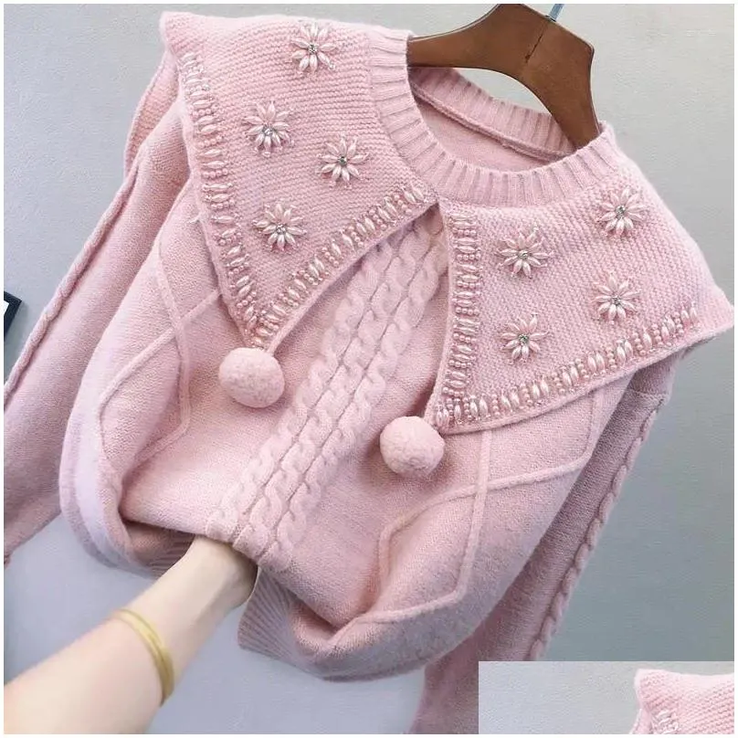 Women`s Sweaters 2024 Autumn Winter Jumpers Beading Design Sense Sweet Age Reducing Chic Pull Femme Unique Loose Grunge Vintage Sweater
