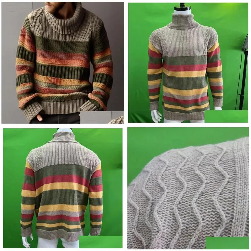 Autumn Men`s Sweaters Long Sleeve Fashion Turtleneck Men Vintage Striped Knitted Tops Mens Sweater Casual Loose Knit Pullover