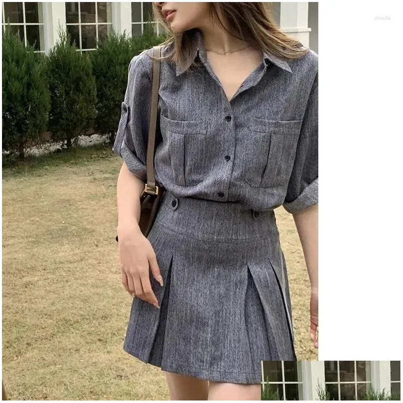 Work Dresses QOERLIN Stylish 2 Piece Skirts Sets Grey Women Outfits Pieces Short Sleeve Summer Shirts Pleated Back Zipper Casual