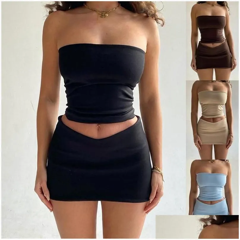 Work Dresses 2024 Sexy Strapless Crop Top And Mini Skirt Suits 2 Piece Set Night Club Outfits Streetwear Women Fashion Y2K Clothes