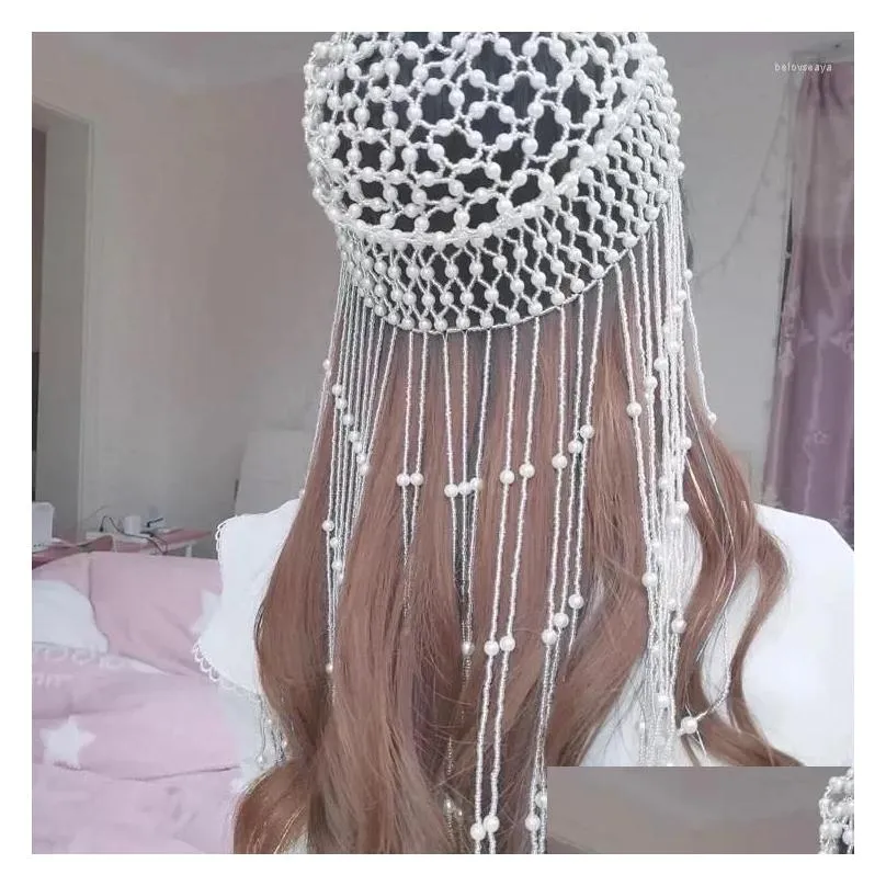 Hair Clips Girls Women Exotic Tassel Beaded Pearl Belly Dance Head Cap Hat Headwrap / Accessory Headpiece For Party Wedding Showing