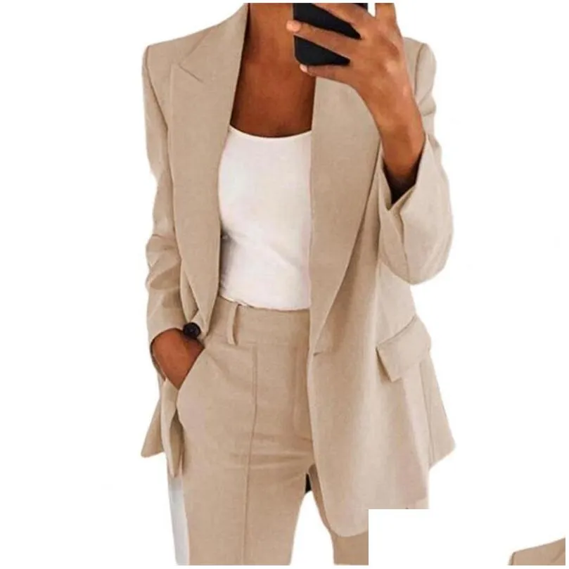 Women`S Suits & Blazers Womens Formal Women Blazer Jacket Summer Solid Color Turndown Collar Long Sleeve Buttons Dress Clothingwomens Dhxjz