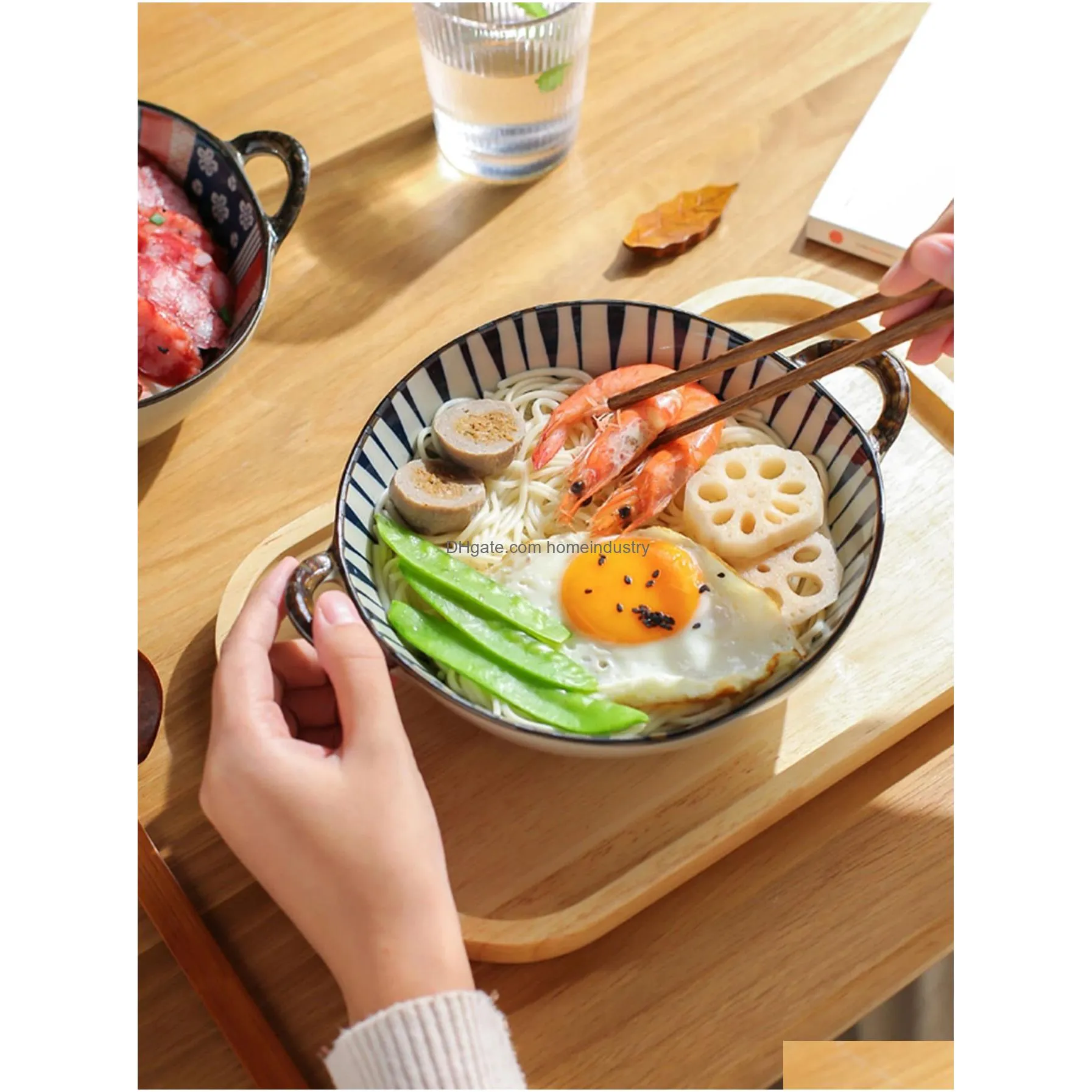 Bowls 7.5Inch Japanese Household Noodle Bowl Ceramic Soup With Handle Salad Pasta Kitchen Tableware Microwave Oven Bakware 240130 Drop Dhihk