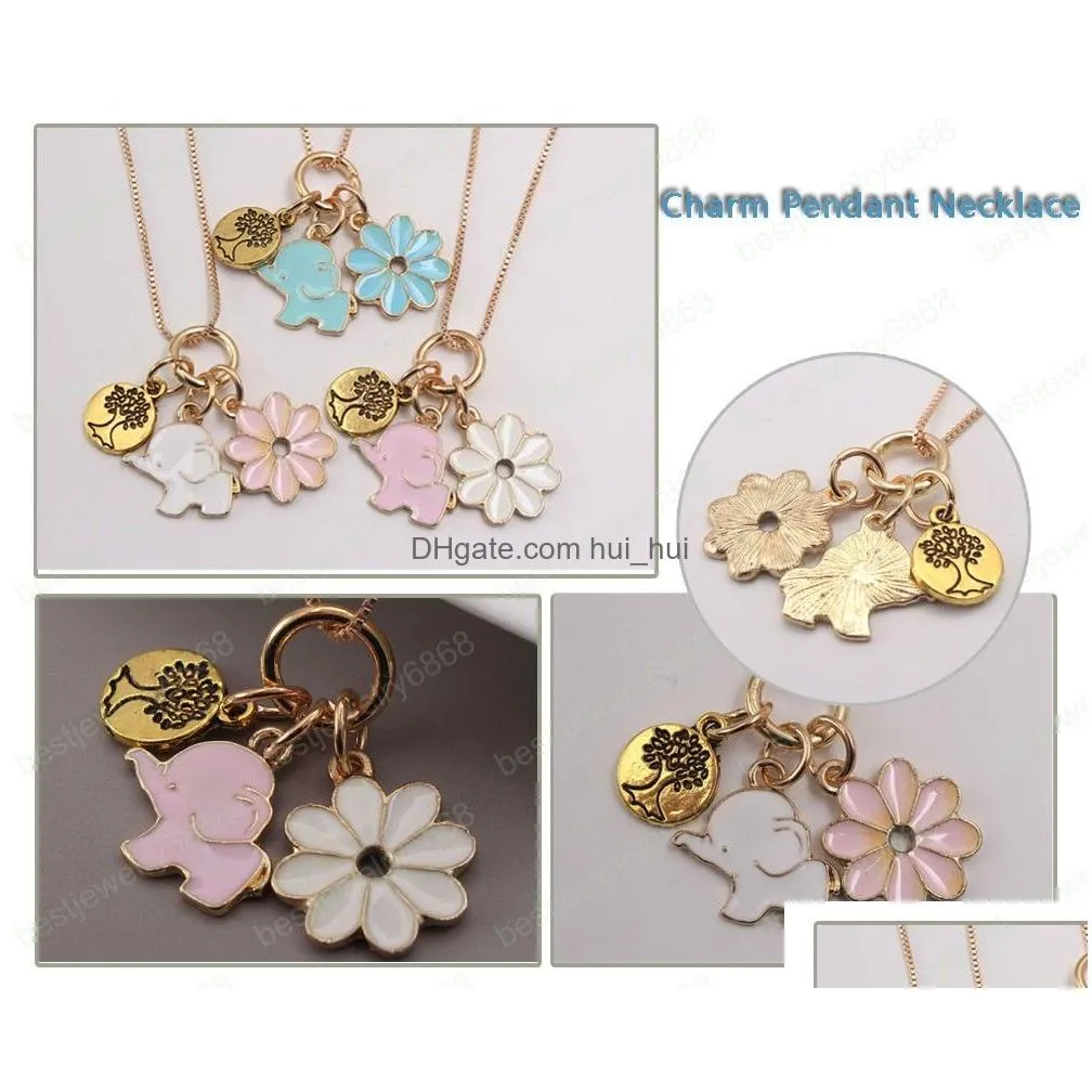 fashion elephant flower life tree pendants necklace girls kids chain necklace charm jewelry 1pcs