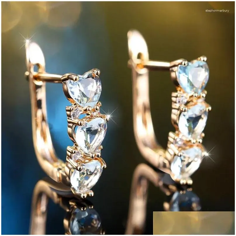 Backs Earrings Cute Female Small Light Blue Zircon Stone Heart Clip Charm Gold Color Wedding Jewelry For Women