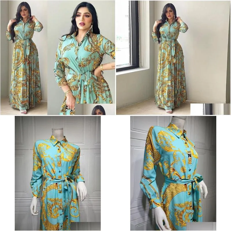 Ethnic Clothing Fashion French Elegant Maxi Dresses For Women Retro Print Muslim Dubai Abaya Lapel Single-Breasted Long Sleeve Drop D Dh9Nh