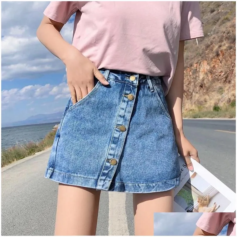 Skirts Streetwear Denim Short Spring Summer 2023 Single Buttons Pockets A Line Skirt Women High Waist Jean Drop Delivery Dhxhh