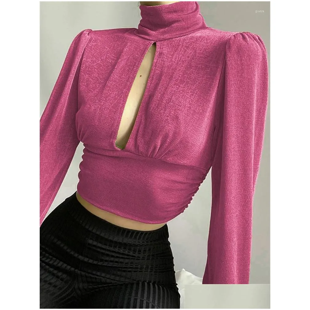 Women`s T Shirts Tossy Fashion Autumn Turtleneck Crop Top For Women Hollow Out Long Sleeve Slim Patchwork High Waist T-shirt Ladies