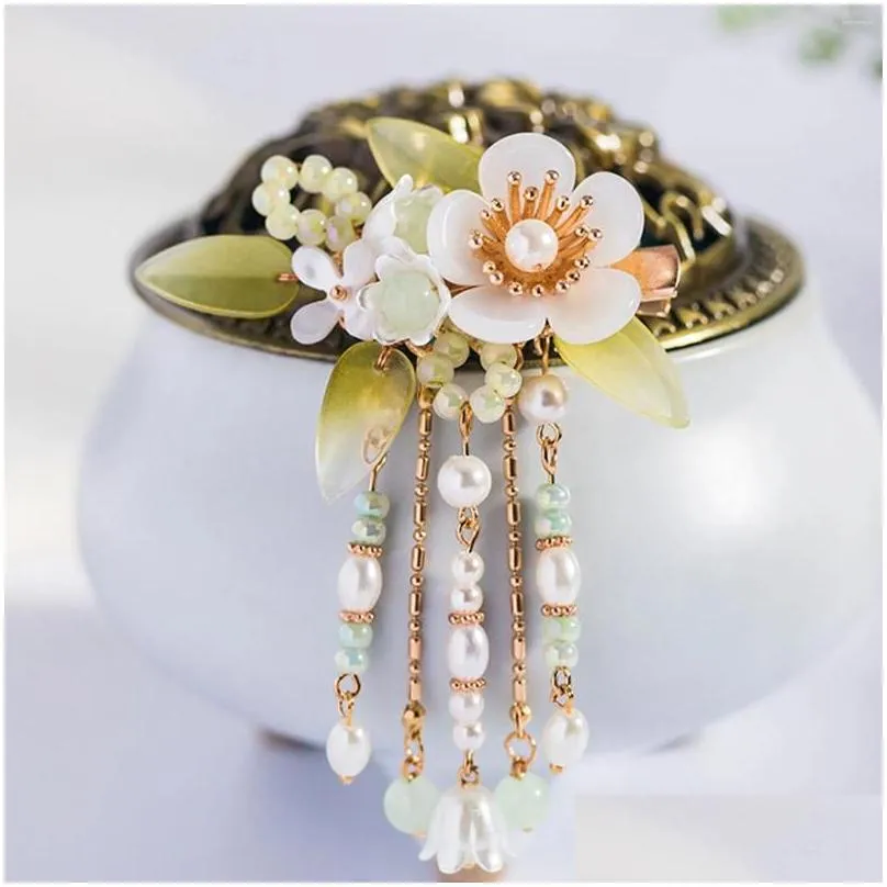 Hair Clips 2pcs Chinese Flower Hairpins Pearl Bride Ornament Barrettes Coloful Fringe Vintage Tiaras Headdress Jewelry