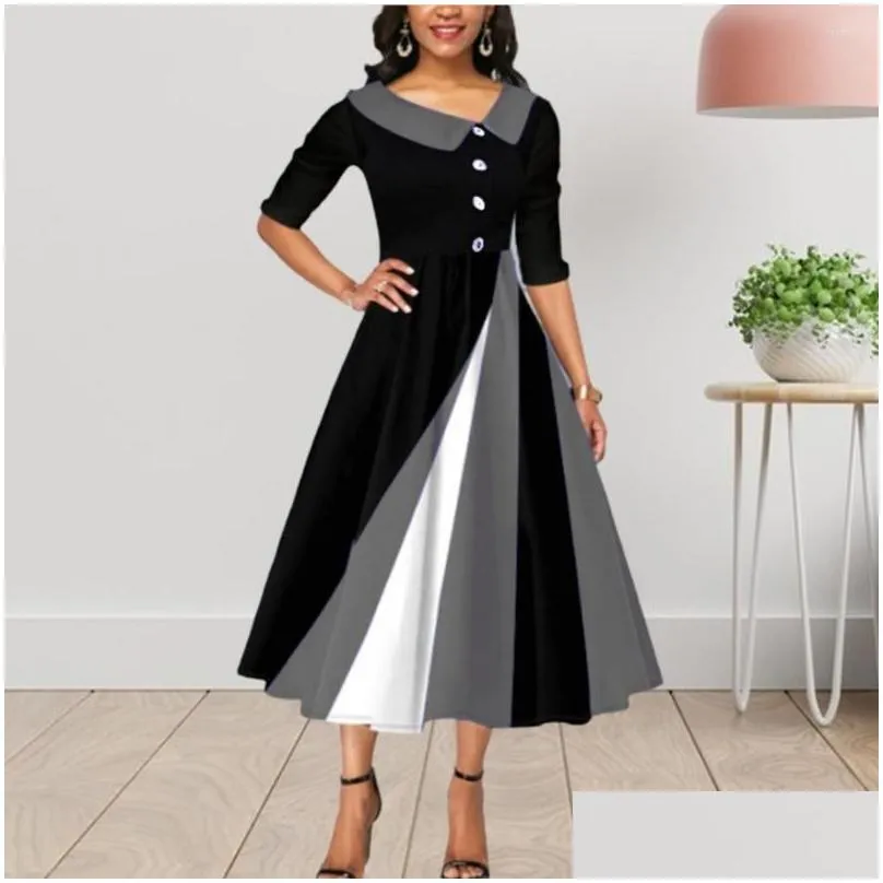 Casual Dresses Midi Dress Zipper Placket Party Lapel Sweet Patchwork Color Elegant Office Dressing Up