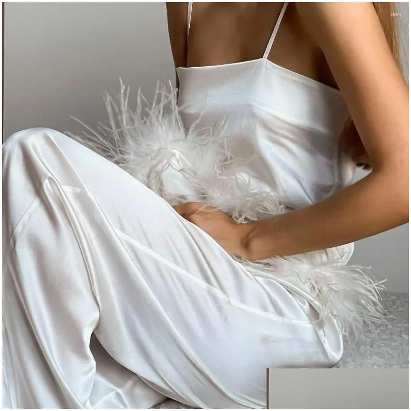 Women`s Sleepwear Women Satin Pajamas Sets White Feathers Ladies Trouser Suits Sexy Spaghetti Strap Casual Home Suit Cami Pants