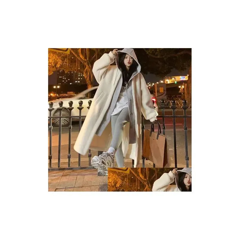 Women`s Wool Blends Korean Personality Fashion Fake twopiece Cashmere Hooded Coat Female Winter Loose Joker Long Plush Windcheater Woman