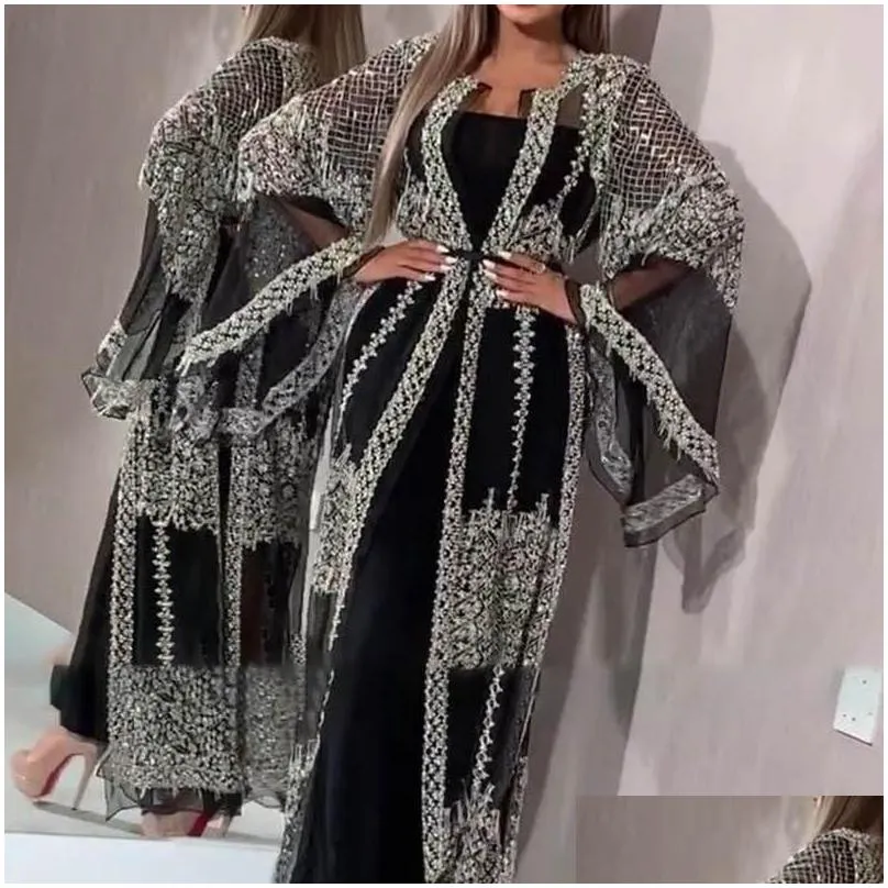 Ethnic Clothing 2021 Black Islamic Luxury Prom Party Dress Dubai Muslim Arabic Ramadan Kimono Abaya Embroidery Lace Sequins 2Pcs Drop Dhesw