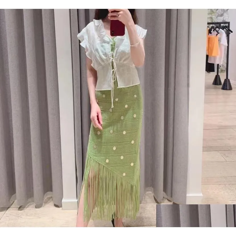 Work Dresses Women Fashion Knitted Set Diamond Button Decoration Ladies Irregular Tassel Skirt or Single Shoulder Sling Camis Top 2023