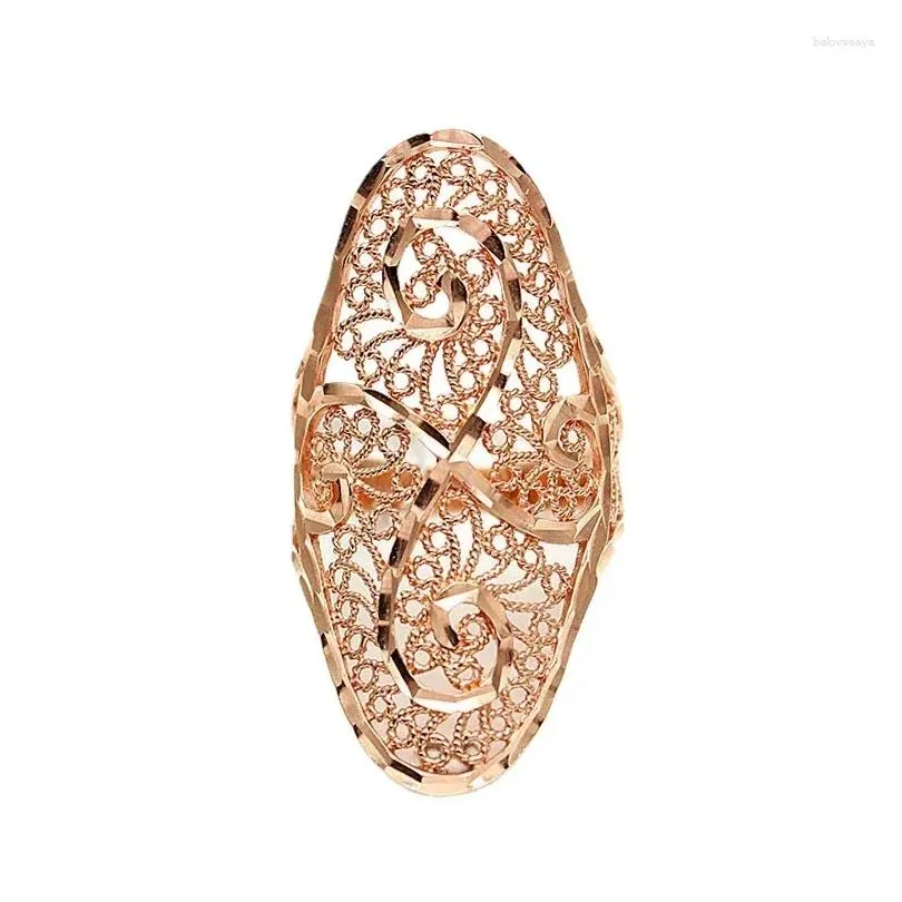Cluster Rings 585 Purple Gold 14K Rose Oval Hollow Flower-shaped For Women Exaggerated Design Shiny Elegant Light Luxury Jewelry