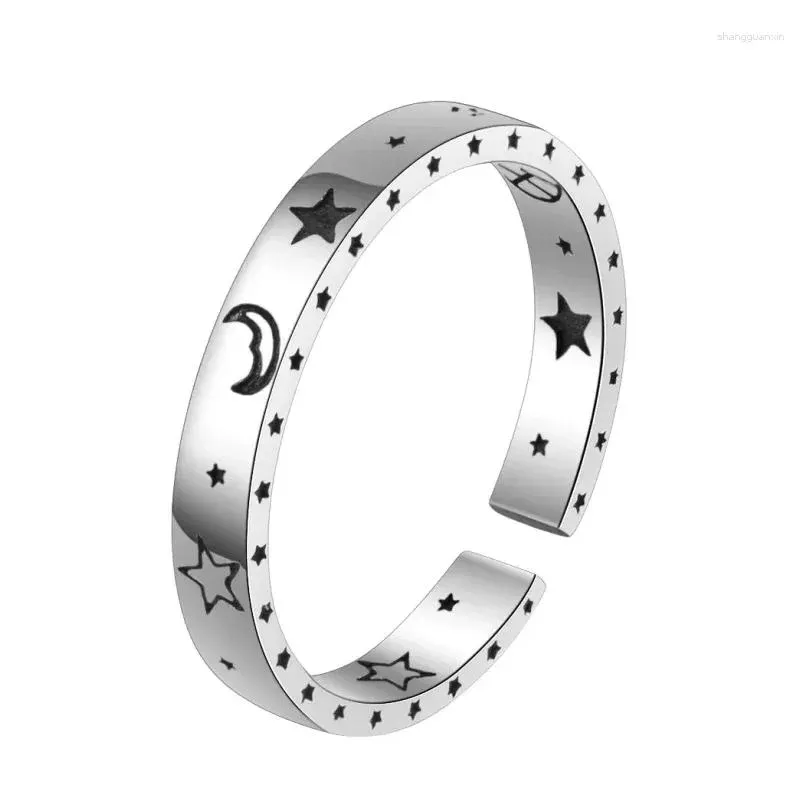 Cluster Rings S925 Sterling Silver For Women Men Fashion Stars Moon Pattern Adjustable Punk Simple Jewelry Christmas Gift