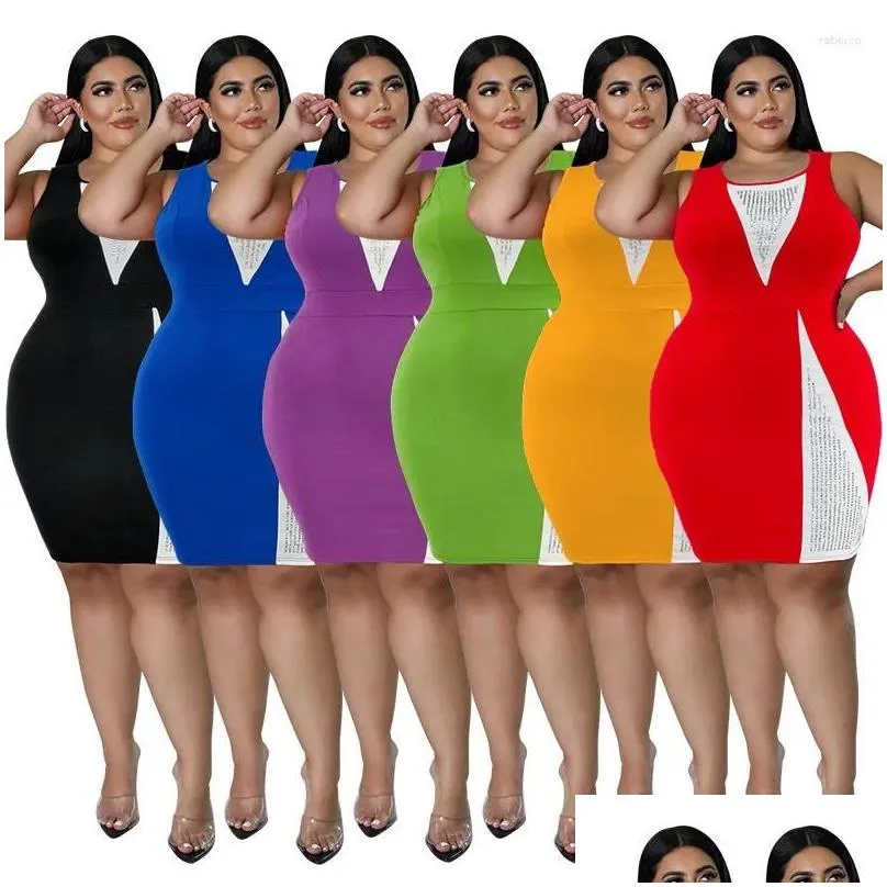 Casual Dresses Shinning Rhinestones Women Party Dress Contrast Colors Round Neck Sleeveless Fashion Lady Club Bodycon Real Po