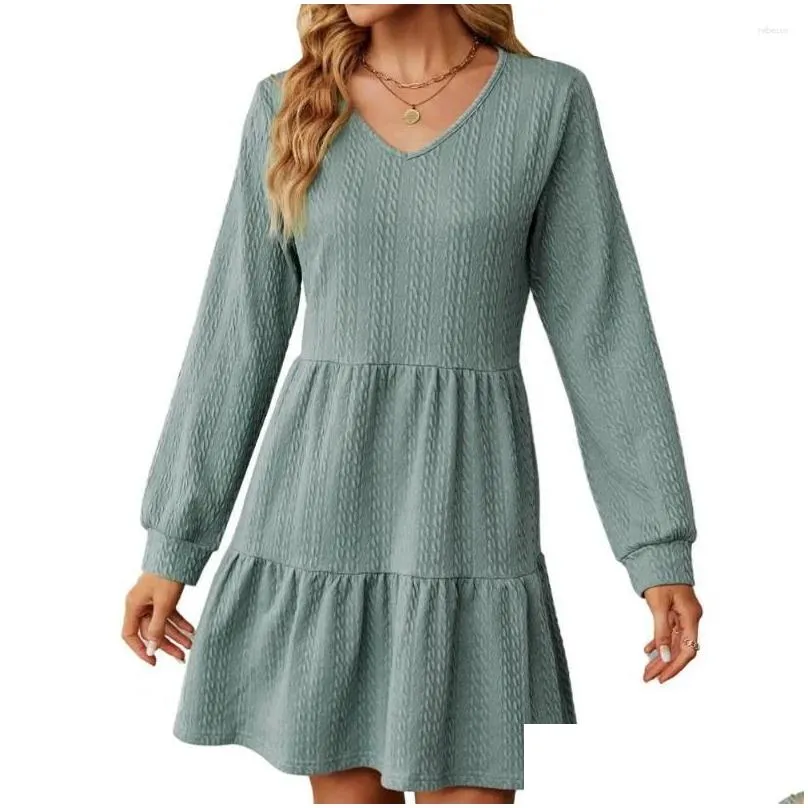 Casual Dresses Women Fall Wainter Dress V Neck Long Sleeve A-line Pleated Big Swing Patchwork Hem Solid Color Soft Above Knee Length