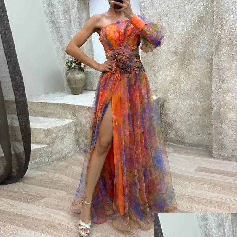 Casual Dresses Sexy A-line Evening Gown Elegant Formal Party Dress One Shoulder Tie-dye Ball With Mesh Bubble Sleeve Split Hem