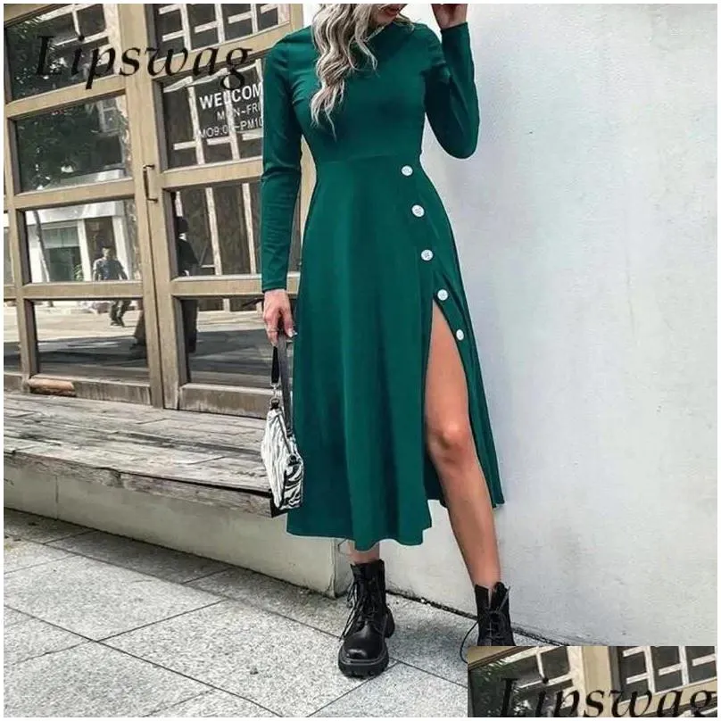 Casual Dresses Sexy Lady Long Sleeve Side Button Slit Dress Spring Autumn Women Solid 2024 Fashion Elegant O Neck Party