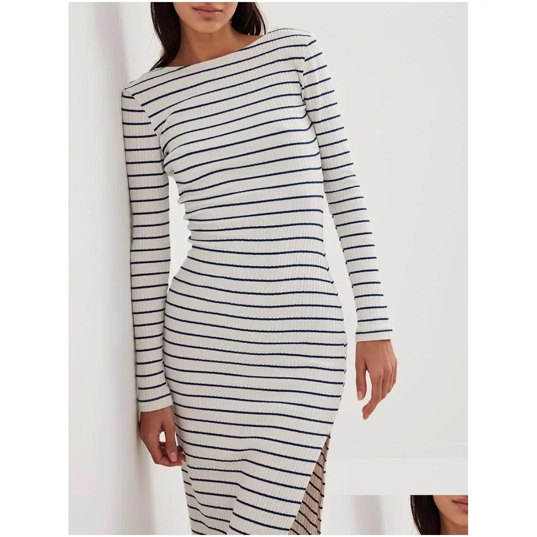 Casual Dresses Women Long Dress Sleeve Crew Neck Backless Striped Slit Fall For Party
