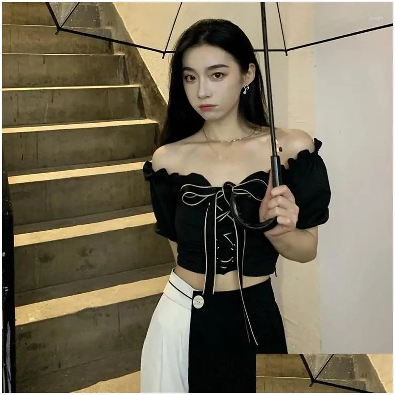 Women`s Blouses Korean Version Bow Bandage Shirt Tops Off Shoulder Blouse Woman Clothes 2024