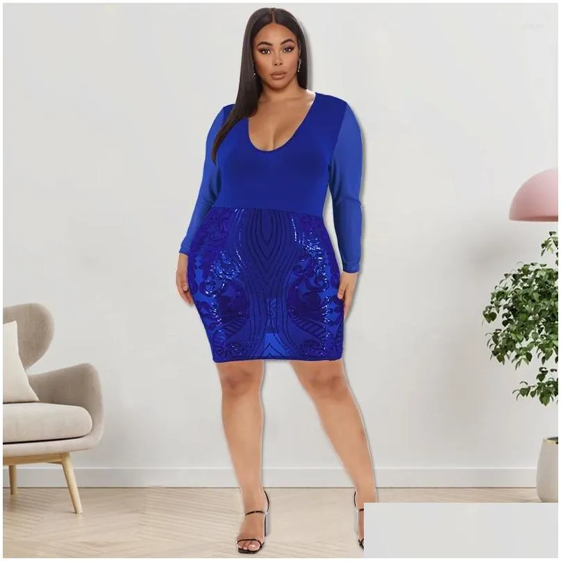 Plus Size Dresses KEXU Lady Club Party Women Fashion Round-neck Elegant Sequin Dress Sexy Sheer Mesh Patchwork Evening