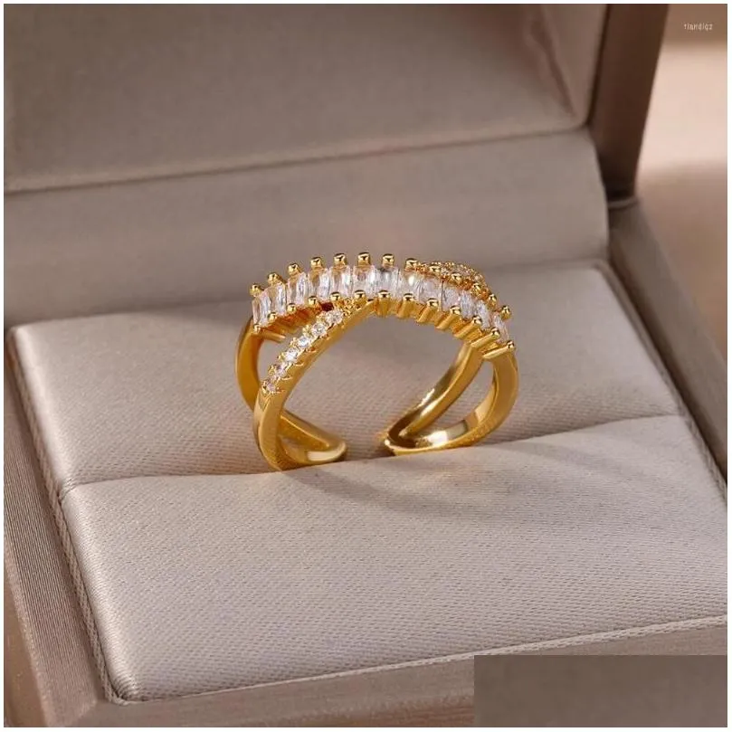 Wedding Rings Square Zircon Crossed For Women Gold Color Stainless Steel Adjustable Ring Aesthetic Jewelry Gift Anillos Mujer