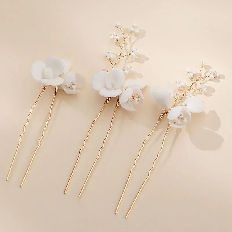 Hair Clips 3PCS U-Shape Hairpin Headwear With Acrylic Beads Female Elegant Ceramic Flower For Birthday Stage Party Hairstyle