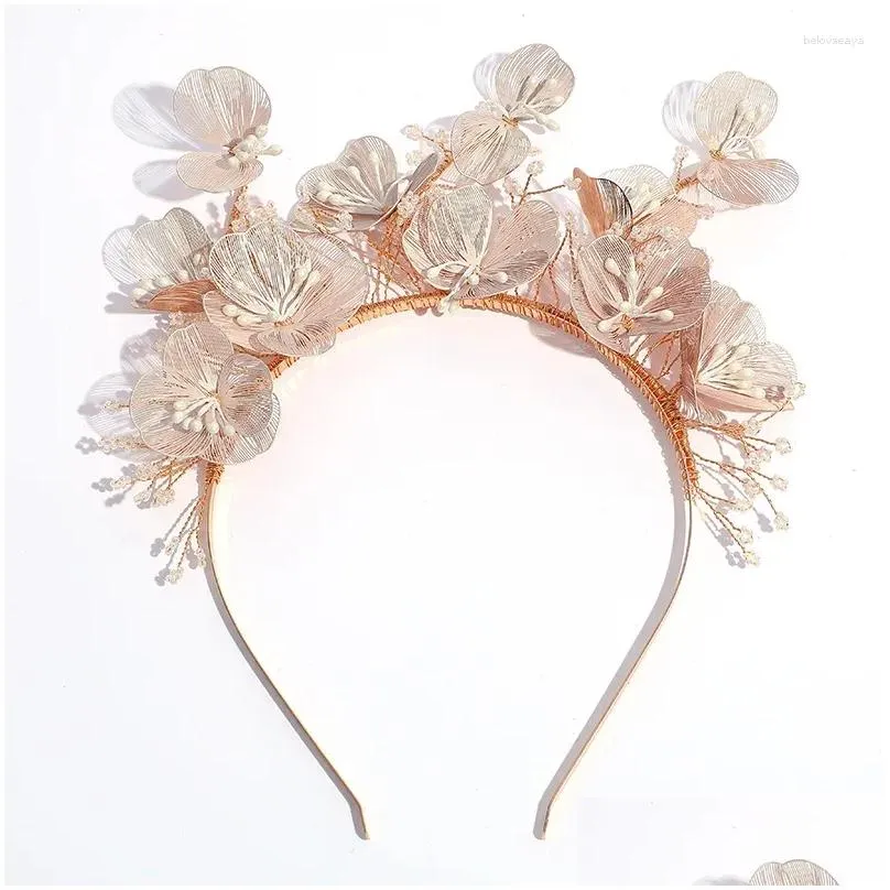 Hair Clips Romantic Pink Flower Hairbands Headbands For Bridal Handmade Princess Pearls Crowns Tiaras Wedding Party Accessories