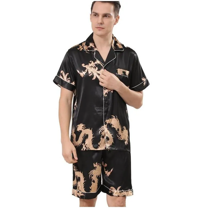 Men`S Sleepwear Men Satin Silk Pajamas Sets Shirts Shorts Male Pijama Sleep Wear Leisure Home Clothing Dragon Letter Loungewear Drop Dhb4F
