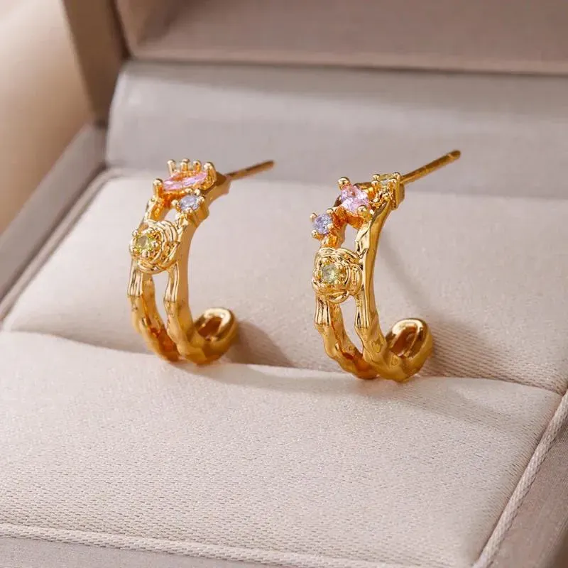 Stud Earrings Colored Zircon Flower For Women 18K Gold Plated Jewelry Embossed Piercing Hoop Ear Decoration Trend Accessories