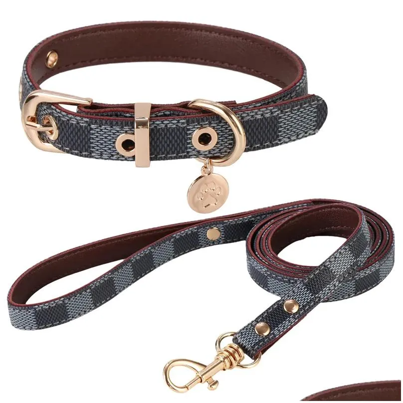 Dog Collars & Leashes Designer Set Soft Adjustable Classic Printed Leather Pet Collar Leash Durable Drop Delivery Home Garden Supplies Dhfgr