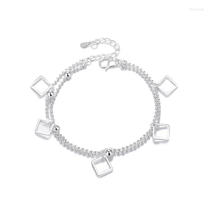 Anklets Women`s Square Anklet Korean-Style Fashion All-Match 925 Silver Plated Double-Layer Small 