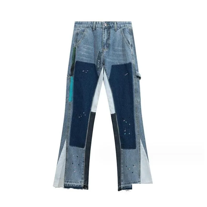 New Men`s Jeans Spliced Wash Vintage And Women`s High Street Speckled Pants Micro Ragged Casual Flared Pant