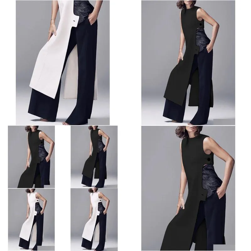 Fashion Plain Crew Neck Sleeveless Button Slit Dress Sexy Vintage Casual Chic Summer Slim Single High Street Long 240323