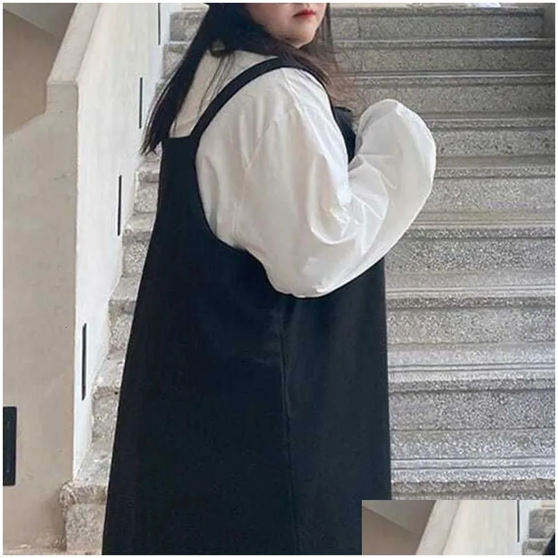 Plus size Dresses Korean Size Clothes Round Neck White Puff Long Sleeve Top Fashion Black Pocket Design Loose Women`s Sets Strap Dress