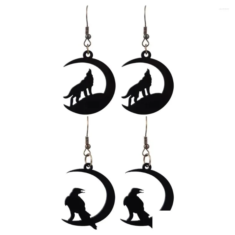 Dangle & Chandelier Earrings Fishsheep Trendy Acrylic Black Animals Moon Drop Earring For Women Handmade Resin Dark Wind Crow Wolf In Dha6C