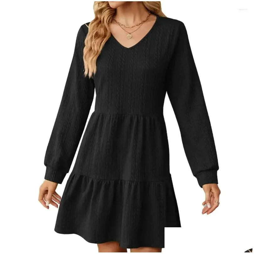 Casual Dresses Women Fall Wainter Dress V Neck Long Sleeve A-line Pleated Big Swing Patchwork Hem Solid Color Soft Above Knee Length