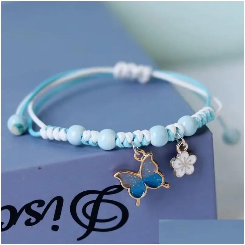 Charm Bracelets Kpop Cute Colorful Butterfly Bracelet For Women Girl Fashion Hand-woven Star Bell Beads Flower Pendant Sister`s