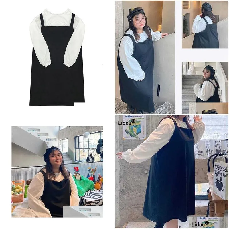 Plus size Dresses Korean Size Clothes Round Neck White Puff Long Sleeve Top Fashion Black Pocket Design Loose Women`s Sets Strap Dress