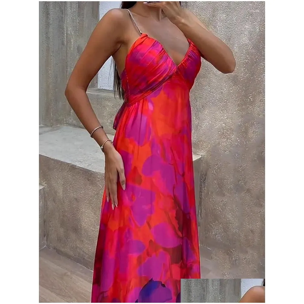 Basic & Casual Dresses Y Flower Printed Maxi Slip Dress Women Fashion Off Shoder V Neck Robe Vestidos Chic Lady Party Evening Drop De Dhgp8