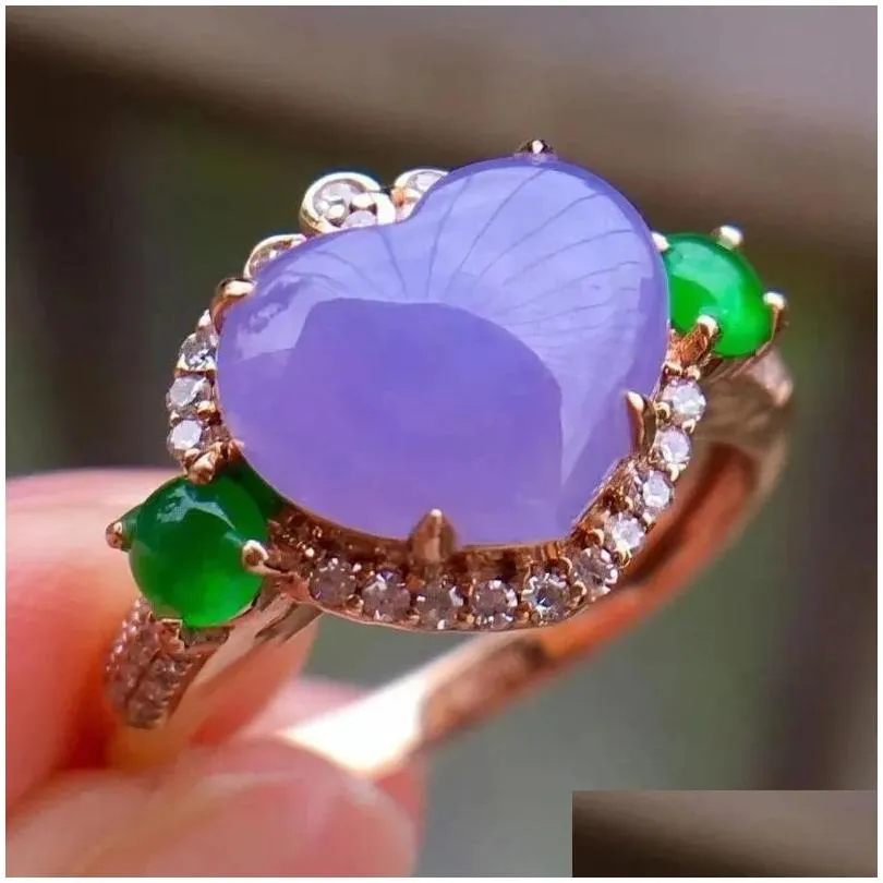 Cluster Rings Natural Violet Chalcedony Heart-shaped Engagement Ring Fashion Sweet Luxury Wedding Adjustable Ladies Silver Jewelry
